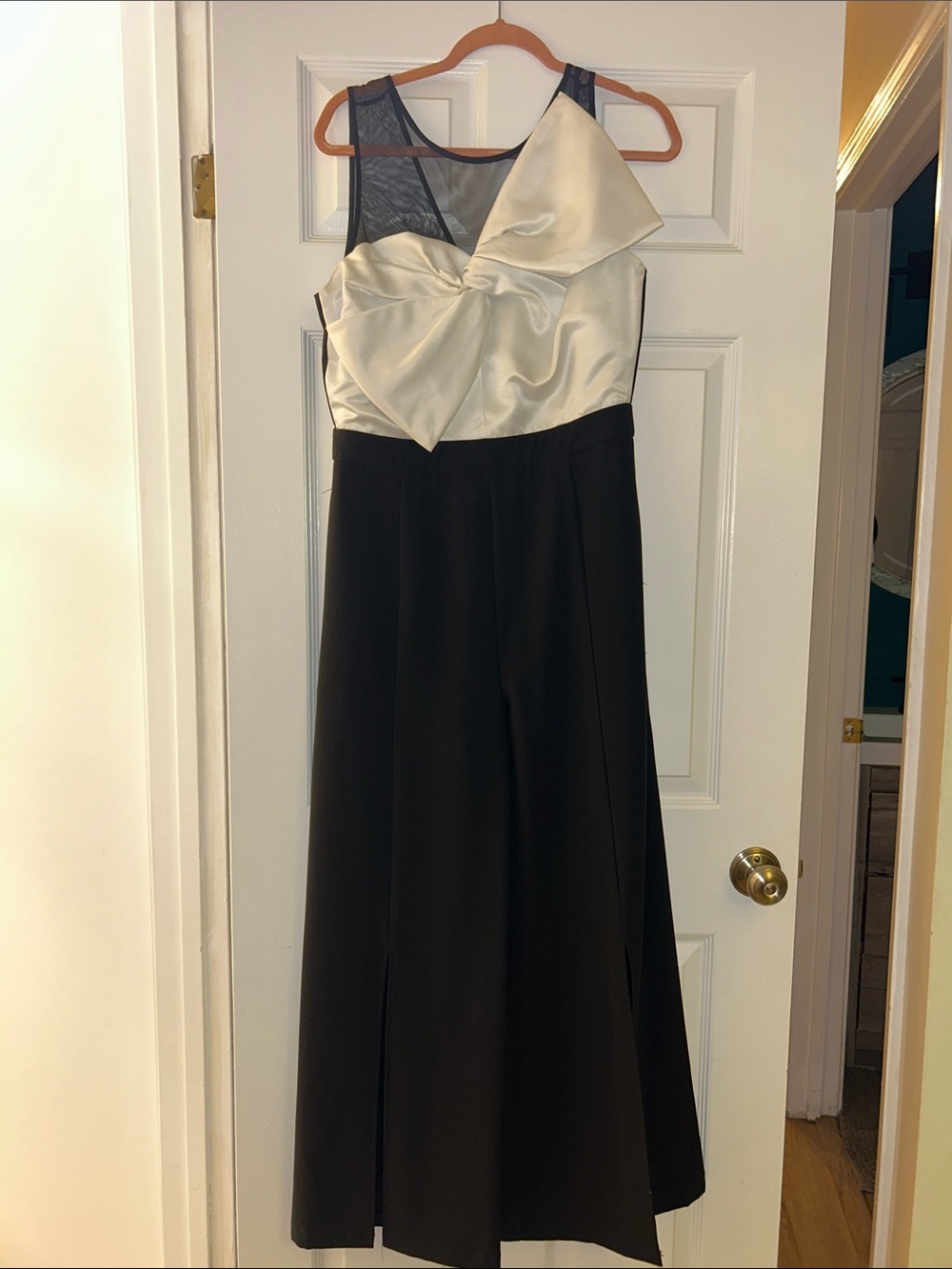 Elegant Black and Cream Evening jumpsuit with Bow Detail